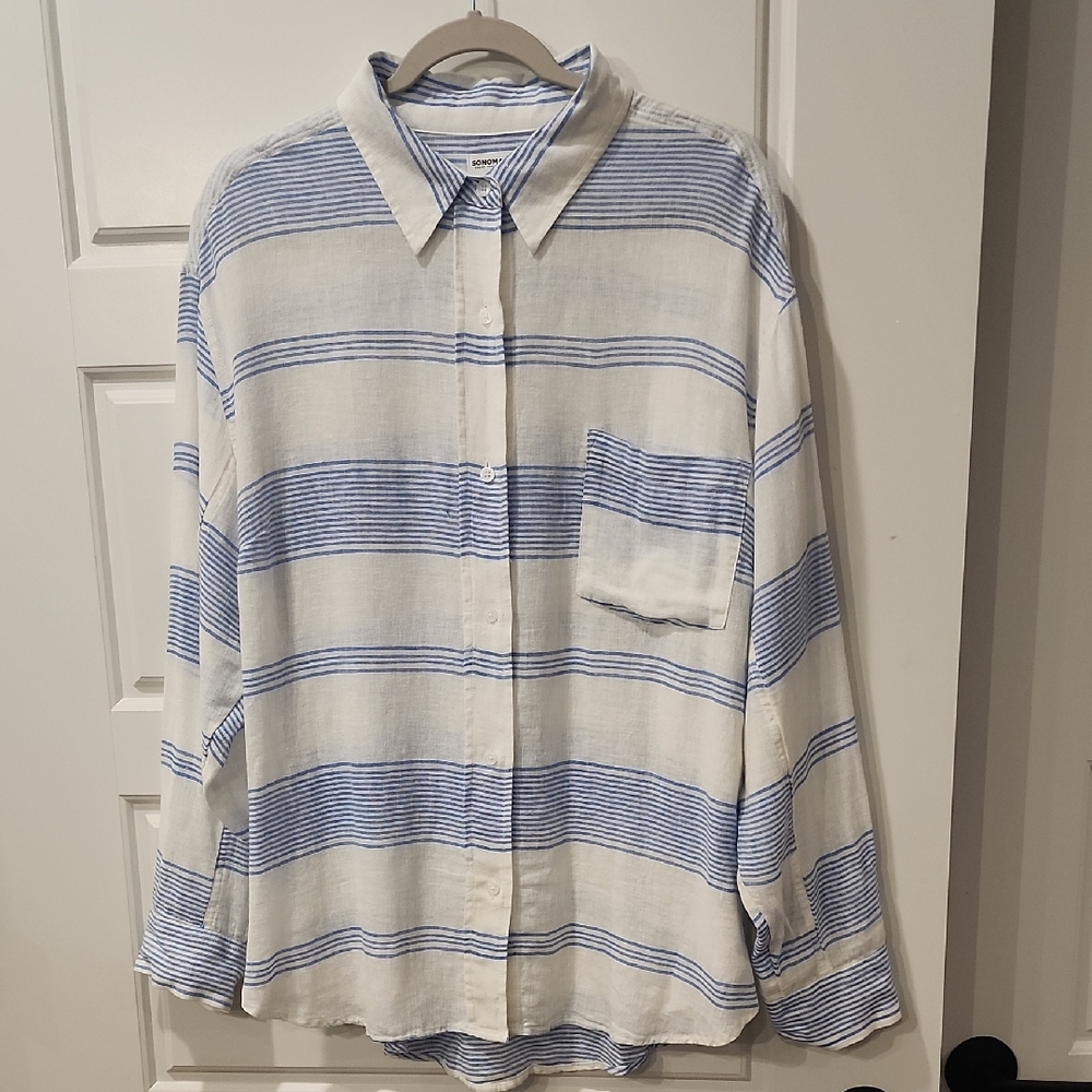 Sonoma Women's Blue and White Striped Blouse